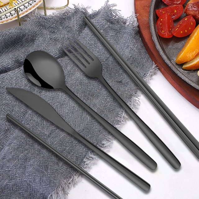 RKSTN Camping Utensils Korean Stainless Steel Cutlery Set Knife Fork Spoon Chopsticks Straw Brush Storage Bag 7 PCS Outdoor Camping Portable Knife and Fork Set