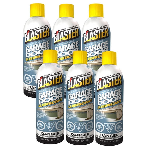 Blaster Garage Door Lubricant 6-Pack with six white aerosol cans featuring yellow caps and blue labels, containing premium silicone lubricant that reduces friction and wear on garage doors, prevents dust accumulation, and quiets noisy operation, suitable for power tools accessories lubrication.