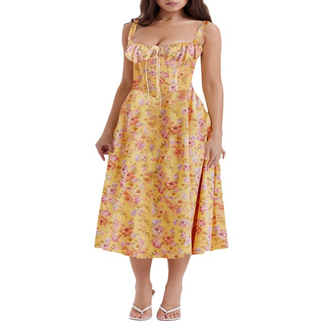 Femmes Été Robe Sans Manches Spaghetti Sangle Côté Fente V Cou Midi Robes Moulantes