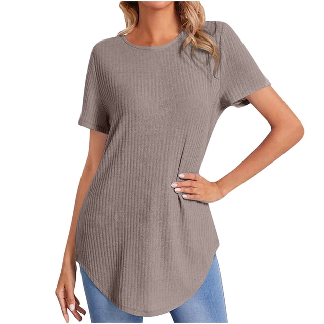 cfhntfmh Women's Ribbed Tops Short Sleeve Casual Basic Summer Tees Solid Crew Neck Curvy Hem T Shirt