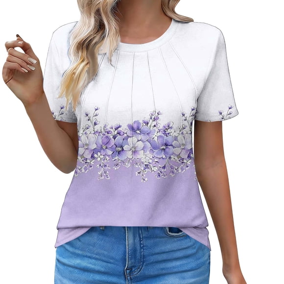 RXMEKW Printed Round Neck Short Sleeve Top for Women Polyester Casual Blouse Regular Length for Girls in Size Chart