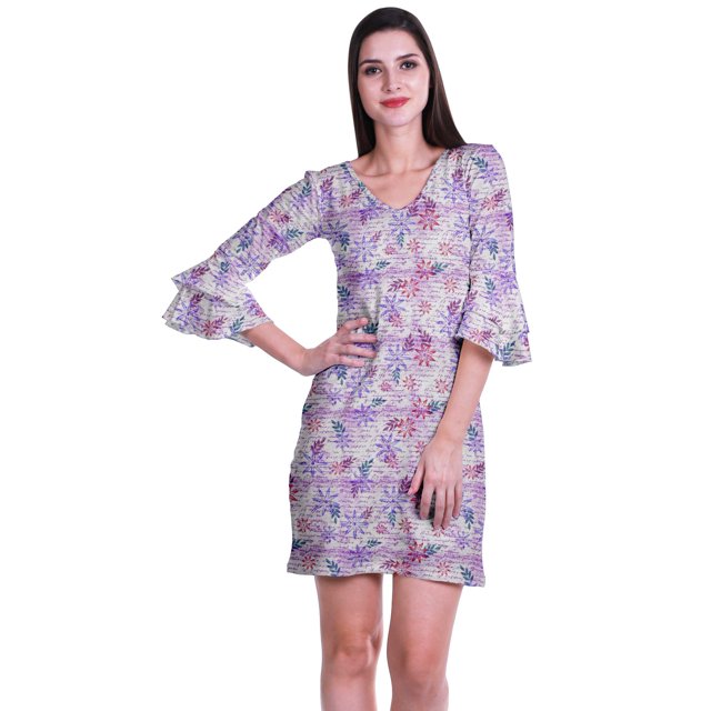 Moomaya Robe Courte Imprimée pour Femmes, Manches Évasées, Coupe Droite, Robes pour Femmes, Vêtements d'Été Décontractés