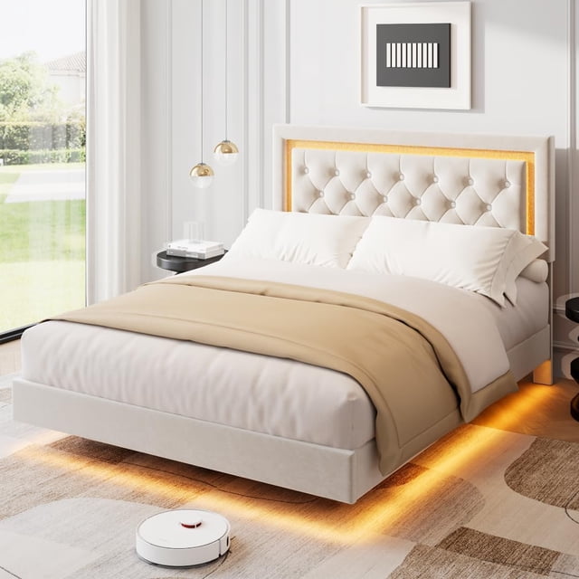 GloryStar Smart LED Floating Bed, Boucle Upholstered Platform Frame with Diamond Headboard and Solid Wood Slats