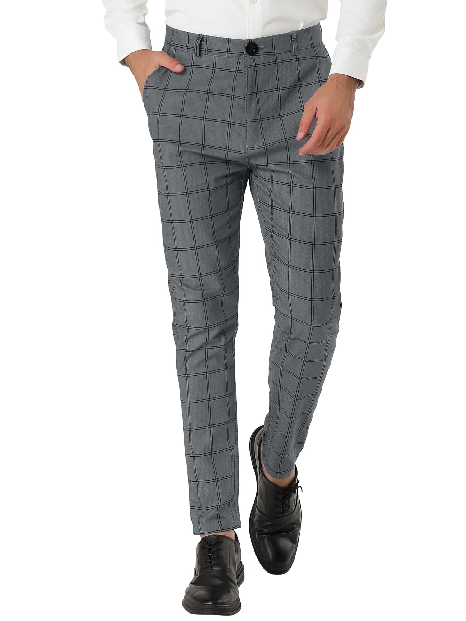 INSPIRE CHIC Men's Plaid Slim Fit Flat Front Dress Pants with Pockets 36 Dark Gray
