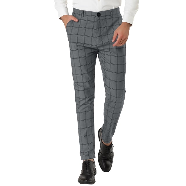 INSPIRE CHIC Men's Plaid Slim Fit Flat Front Dress Pants with Pockets 36 Dark Gray
