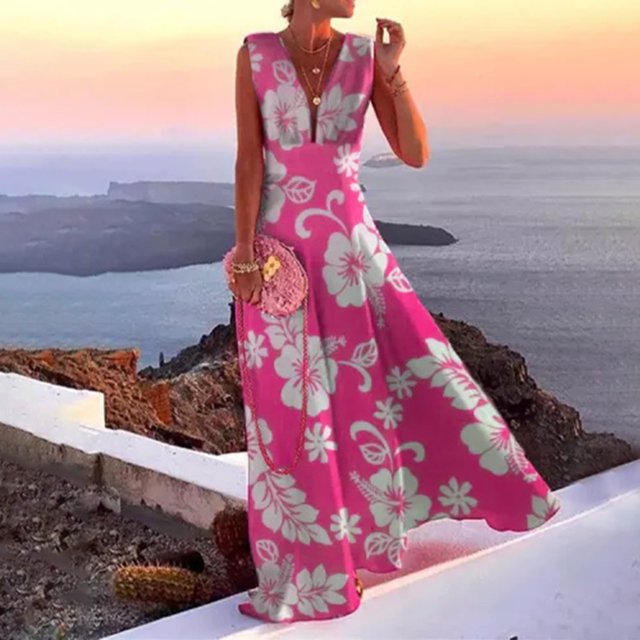 Lenago Blouses Grande Taille pour Femmes Mode Décontractée Chic Été Sans Manches Col en V Robe Imprimée Fermeture Éclair Robe Longue Robes de Plage en Solde