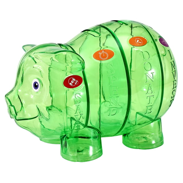 Bangcool Piggy Bank Pig Cute Four Grid Large Capacity Plastic Coin Bank Coin Saving Box in green color. The piggy bank features a transparent pig-shaped design with four labeled compartments: Save, Spend, Donate, and Invest. Made of durable PS plastic, it measures 21cm x 13cm x 14cm (8.27in x 5.12in x 5.51in). Suitable for organizing coins and bills separately, often used as a money jar for teaching kids financial habits.