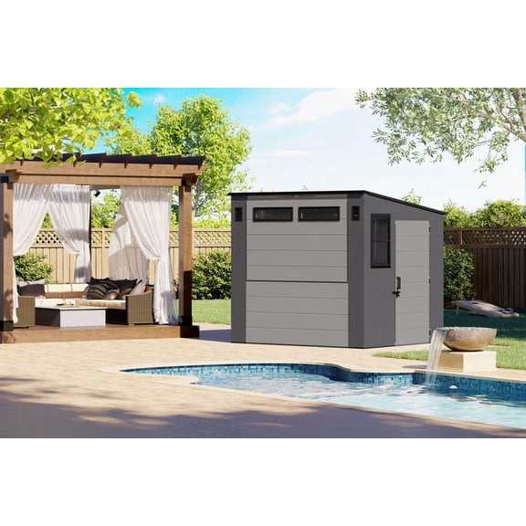 Suncast 8' x 7' Resin Cabana Entertainment Shed - Outdoor Storage & Bar Shelter 60 Sq ft (362 Cu. ft.) - Cool Gray/Dove Gray