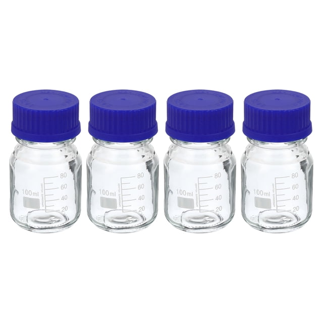 Unique Bargains 100mL Clear Reagent Media Graduated Glass Storage Bottle Blue Cap 4 Pack