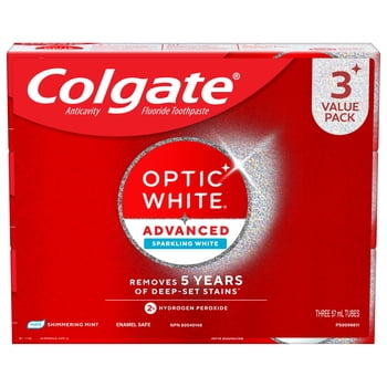 Colgate Optic White Advanced Sparkling White Toothpaste with Fluoride, Value Pack, 3x 57 mL