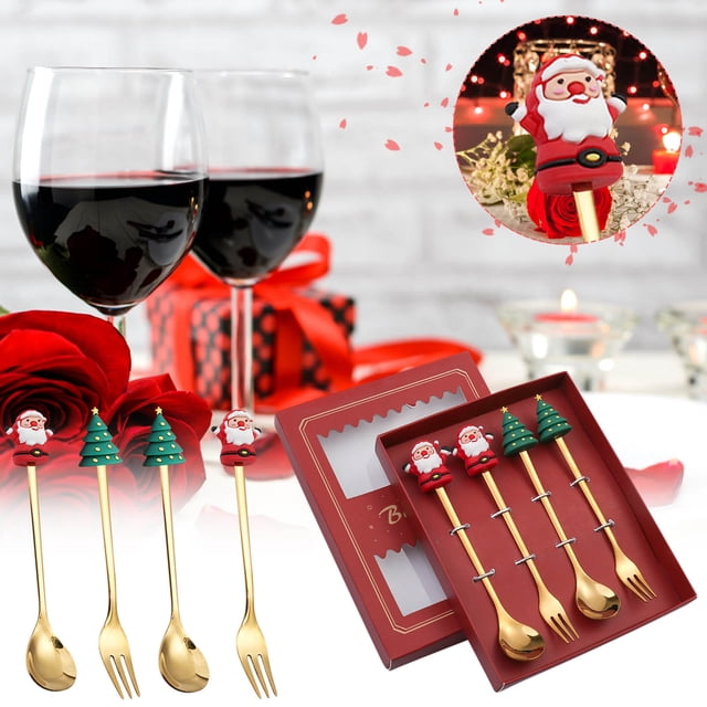 Meitianfacai Spoon And Fork Set Spoon-Fork Combo Set, 4PCS Stainless Steel Christmas Spoon Gift Set Dessert Spoon Fork Coffee Spoon Christmas Pendant Spoon Tableware Set
