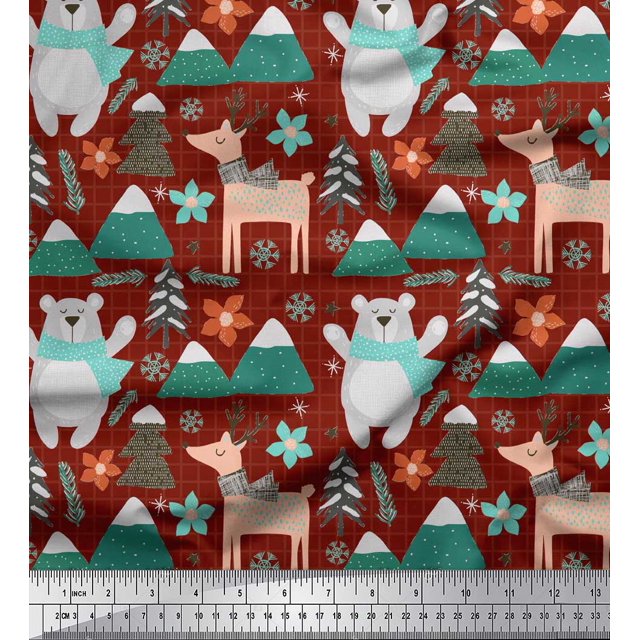Soimoi Red Silk Fabric Bear & Reindeer Cartoon Printed Craft Fabric by the Yard 42 Inch Wide