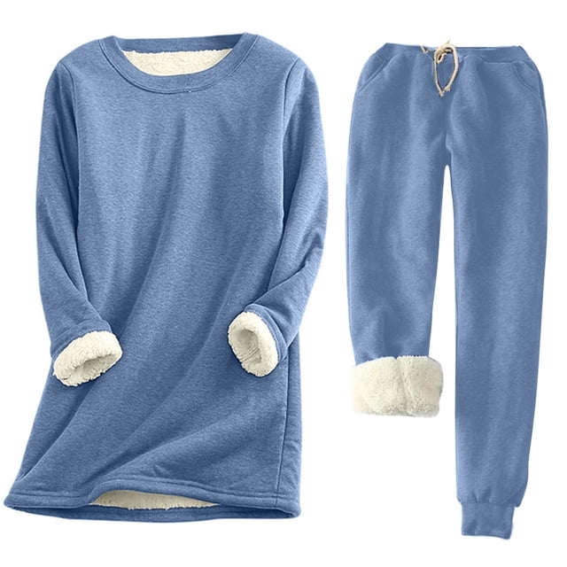 Ensemble de Survêtement en Molleton pour Femmes 2 Pcs Tenue d'Hiver Chaude Doublée Sherpa Ensemble de Chandail à Col Ras du Cou et Pantalon de Survêtement