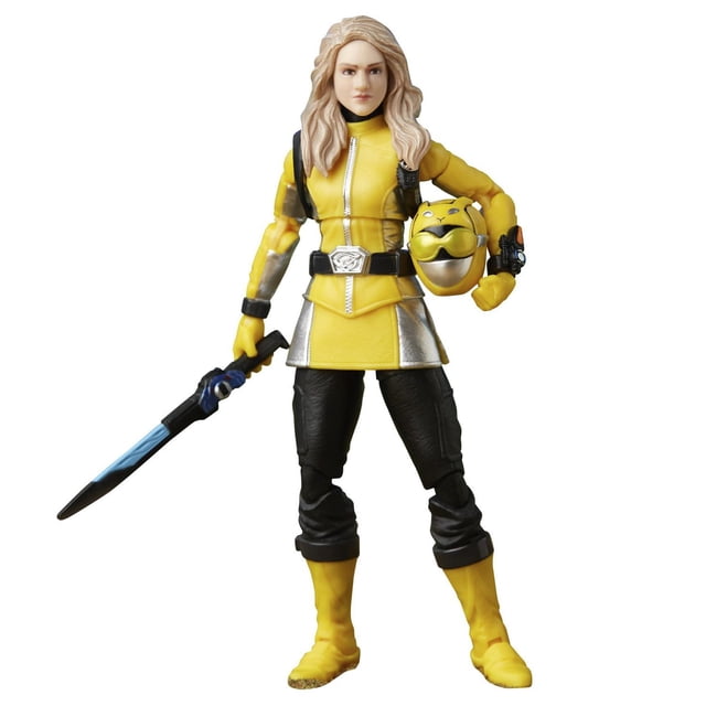 Power Rangers Lightning Collection Beast Morphers Yellow Ranger 6-inch scale action figure wearing a yellow jacket with silver accents and black pants, holding a blue and black sword and a yellow animal-themed helmet, featuring articulated joints and detailed paint for display and play.
