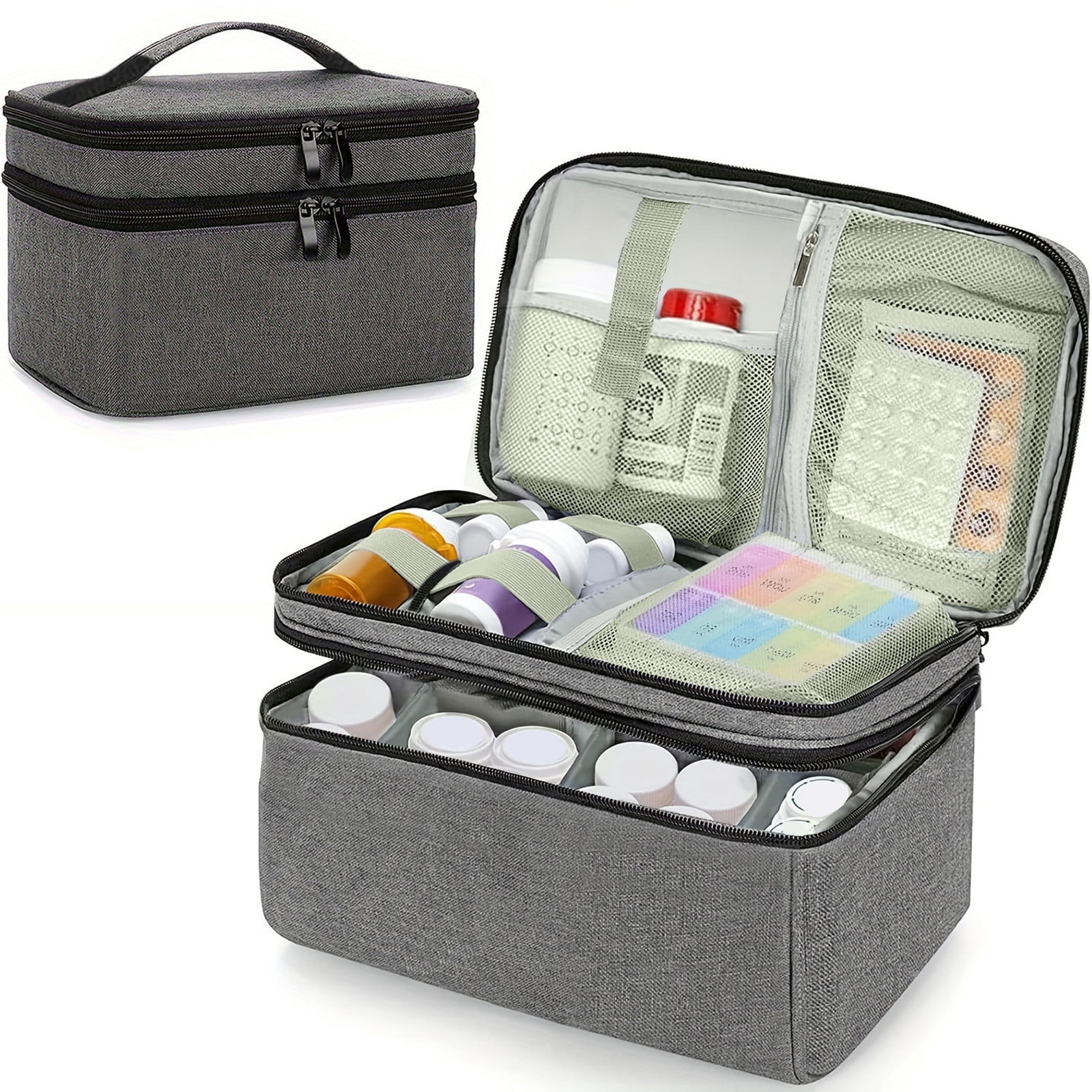 Medicine Storage and Organizer Bag Empty, Double Layers First Aid Kit, Pill Bottle Organizer with Portable Small Pouch, Home First Aid Box for Emergency Medication, Supplements or Medical Kits