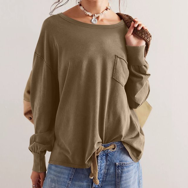 TIMIFIS Womens Casual Long Sleeve Tops Fall Solid Loose Crew Neck Tunic Sweatshirt with Pockets