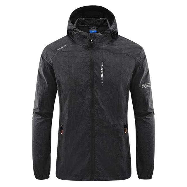 TIMIFIS Mens Jacket Waterproof with Hooded Hiking Coat Lightweight Windbreaker Zip Jacket Sun Protection Work Coat Windbreaker for Hiking Travel-BlackFall. A front-facing view of a black lightweight windbreaker jacket featuring a hood, long sleeves, and zippered pockets. Made from polyester material, designed for men's outerwear, casual wear, and outdoor activities like hiking and travel, offering sun protection and wind resistance.