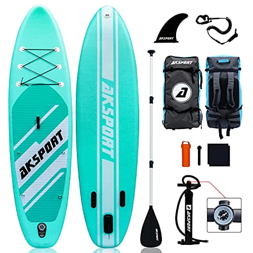 AKSPORT 10'6" Inflatable All Around Stand Up Paddle Board Kit, Mint Green