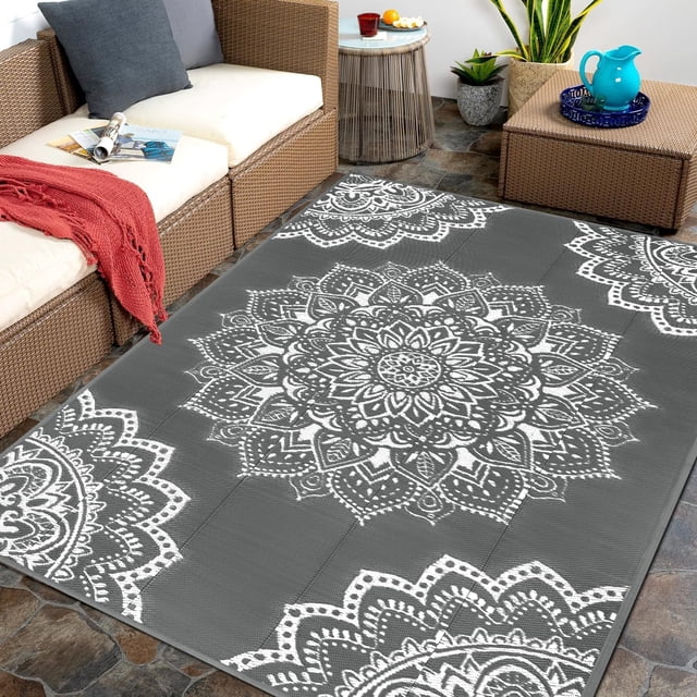 Findosom 5'x8' Waterproof Boho Outdoor Rug, Foldable Reversible Plastic Straw Rug, Large Patio Rug for Outdoors, RV, Patio, Backyard, Deck, Picnic, Beach, Camping Gray