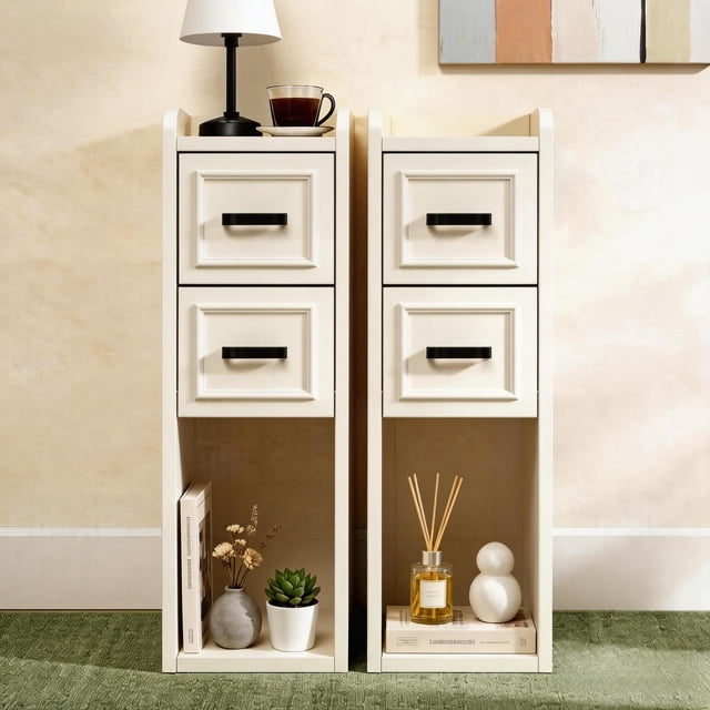 BERRY NEST Ensemble de 2 Tables de Chevet Étroites, Table de Chevet Moderne Blanche avec Tiroirs et Tablette Ouverte, Table d'Appoint Moderne pour Petits Espaces de Chambre, Appartements, Locataires