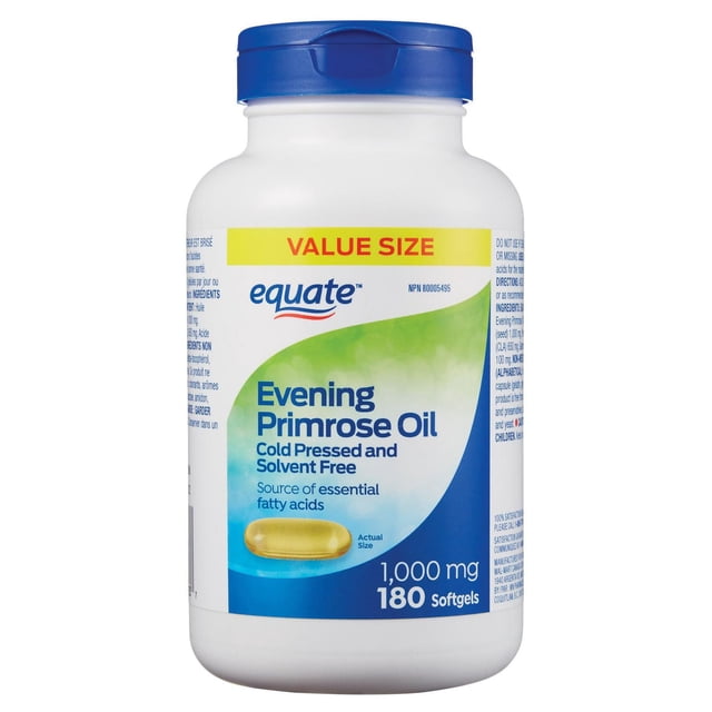 Equate Evening Primrose Oil 1000mg value size bottle with 180 cold pressed, solvent free softgels, a source of essential fatty acids for health maintenance, in a white plastic container with blue cap and green-blue label showing an actual size softgel image.