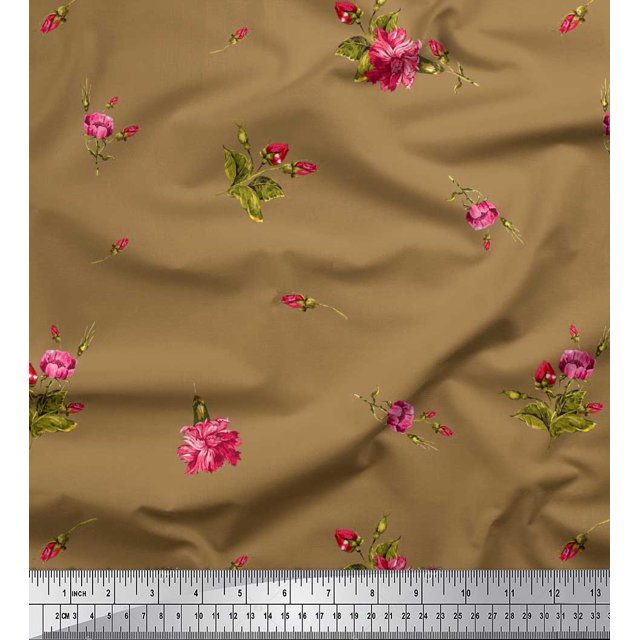 Soimoi Polyester Crepe Fabric Leaves & Carnation Floral Printed Fabric 1 Yard 42 Inch Wide