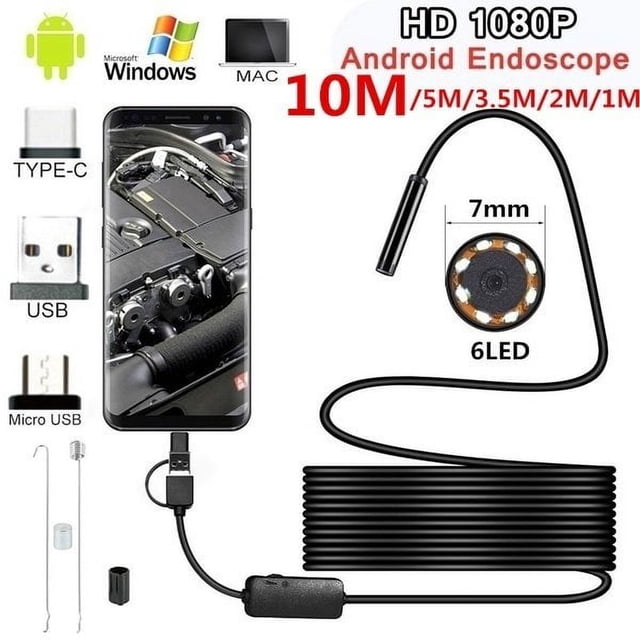 AMERTEER Caméra d'Inspection Étanche pour Endoscope 1-10M 7mm 6LED pour Téléphone Android