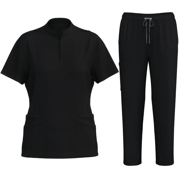 FRSASU Scrubs Set for Women Nurse Uniform Jogger Suit Stretch Top & Pants with Multi Pockets for Nurse Esthetician Workwear Black S(S)