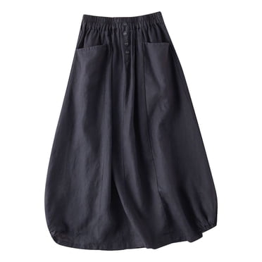 Jupe en Coton et Lin pour Femmes, Longueur Moyenne, Taille Élastique, Grande Ampleur