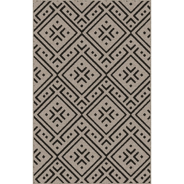 Mainstays Diamond Washable Indoor Decorative Rug, 29" x 45", made of durable 100% polypropylene with a dark beige base and black diamond pattern. Machine tufted with a non-skid rubber backing, fully machine washable, ideal for entryways or bedrooms. Its compact size also suits small decorative floor mat use.