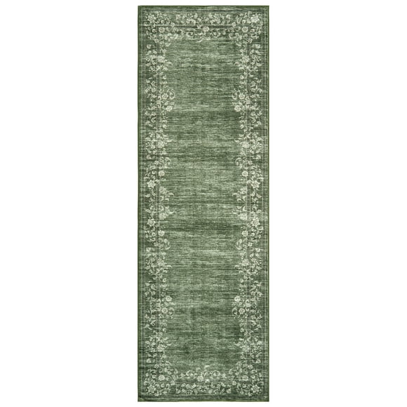 Tapis Coureur Floral Moderne - 2x6ft Vert, Lavable à la Machine, Résistant aux Marques, Antidérapant, Poil Ras, Entretien Facile Tapis Doux pour Couloir, Chambre, Cuisine, Salon, Rangement USA