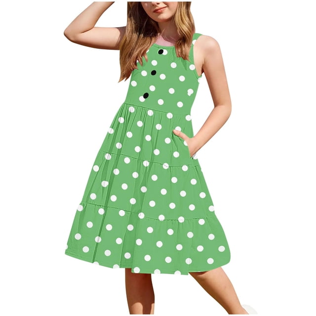 LOVZFMLL 2-12 Years Girls' Summer Casual Sleeveless Round Neck Button With Pockets Dress