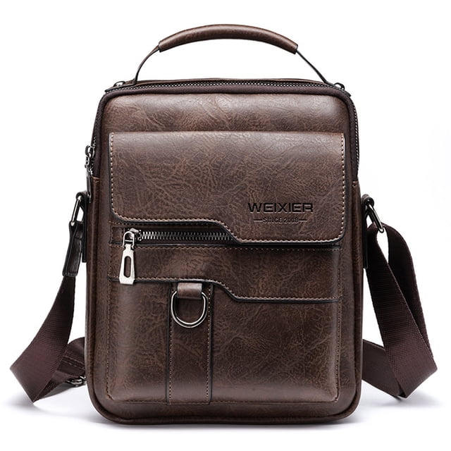 WEIXIER Men's Crossbody Bag Leather Small Business Shoulder Handbag for IPad 9.7", Dark Brown