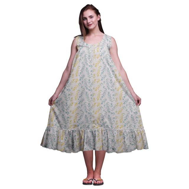 Bimba Chemises de Nuit en Coton Gris Pâle à 2 Feuilles et Fleurs Imprimées pour Femmes, Robe Sans Manches, Tenue de Nuit, Robe Maxi, Petit