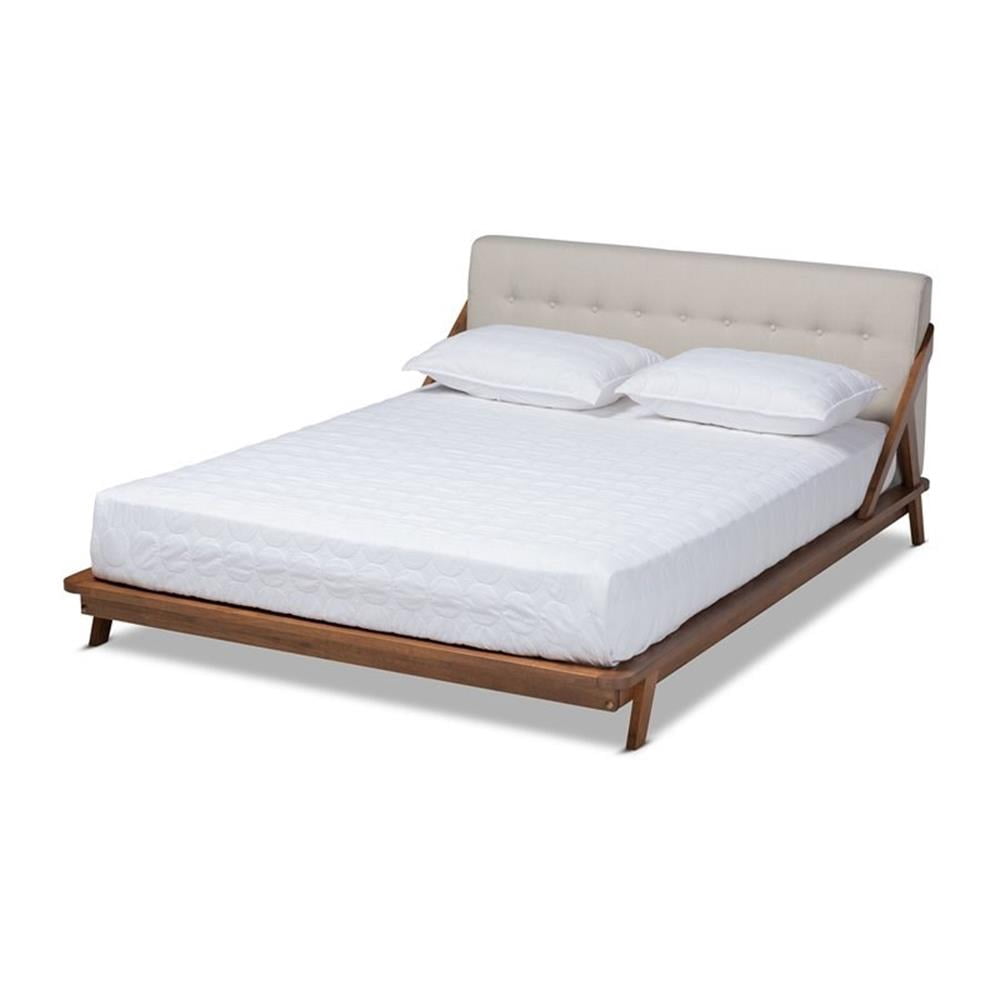 Allora Mid-Century Wood Queen Size Platform Bed in Light Beige/Walnut Brown