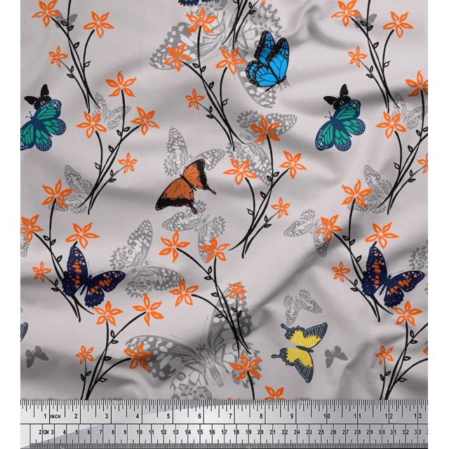 Soimoi Gray Poly Georgette Fabric Flower & Butterfly Printed Fabric 1 Yard 42 Inch Wide