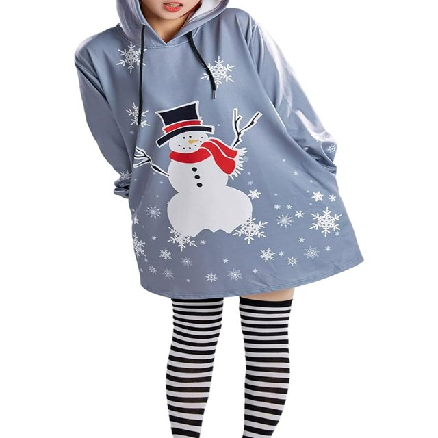 Robe à Capuche de Noël pour Femmes - avec Imprimé Cerf/neigeur et Manches Longues