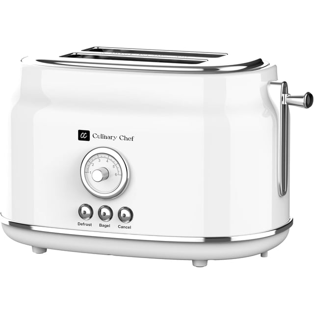Culinary Chef Retro 2-Slice Toaster – Wide Slots, 900W Power, 5 Browning Levels, Bagel, Defrost & Cancel – White