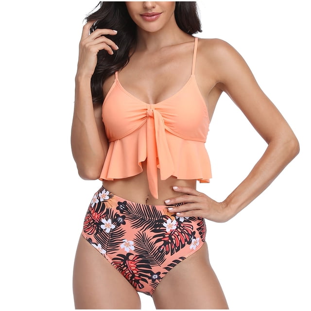 RKSTN Tankini Set for Women Swimsuits Ruffled High Waisted Tummy Control Knot Adjustable Straps Backless Bathing Suits
