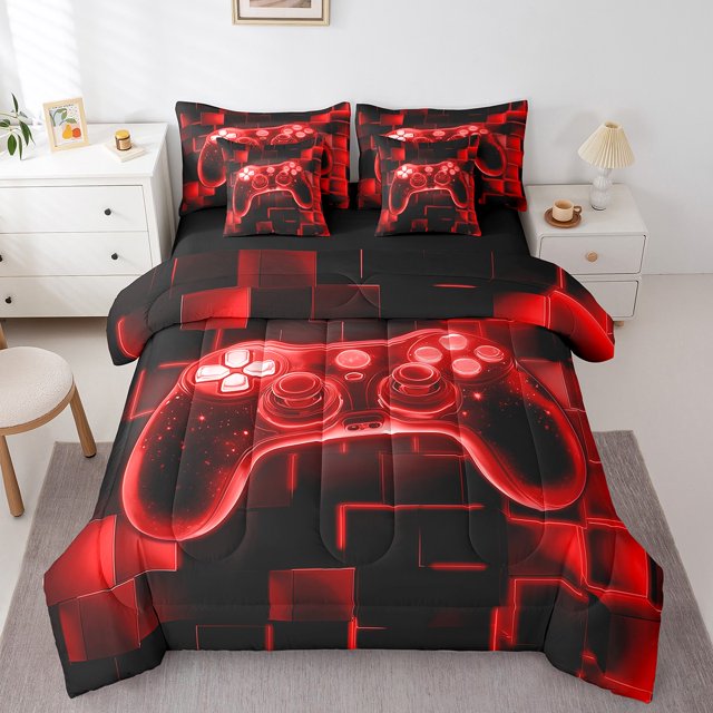 YST 7Pcs Kids Gamer Comforter Set Queen, Gaming Bedding Comforter Set, Video Games Gamepad Bed In A Bag Neon Glowing Square Geometric Grid Red Bed Sets With Comforter And Sheets