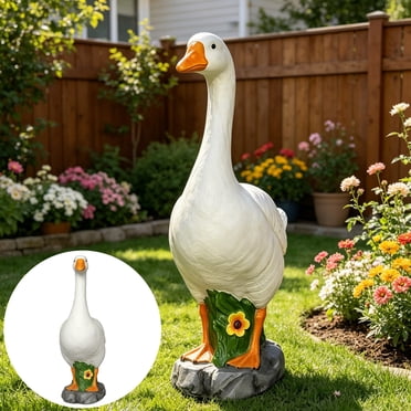 JJV Grande Statue d'Oie de Porche en Résine, Oie de Jardin en Résine Ajourée avec Base en Pierres, Conception Remplissable de Sable, Résistante aux Intempéries pour la Déco Extérieure, 1 Pce