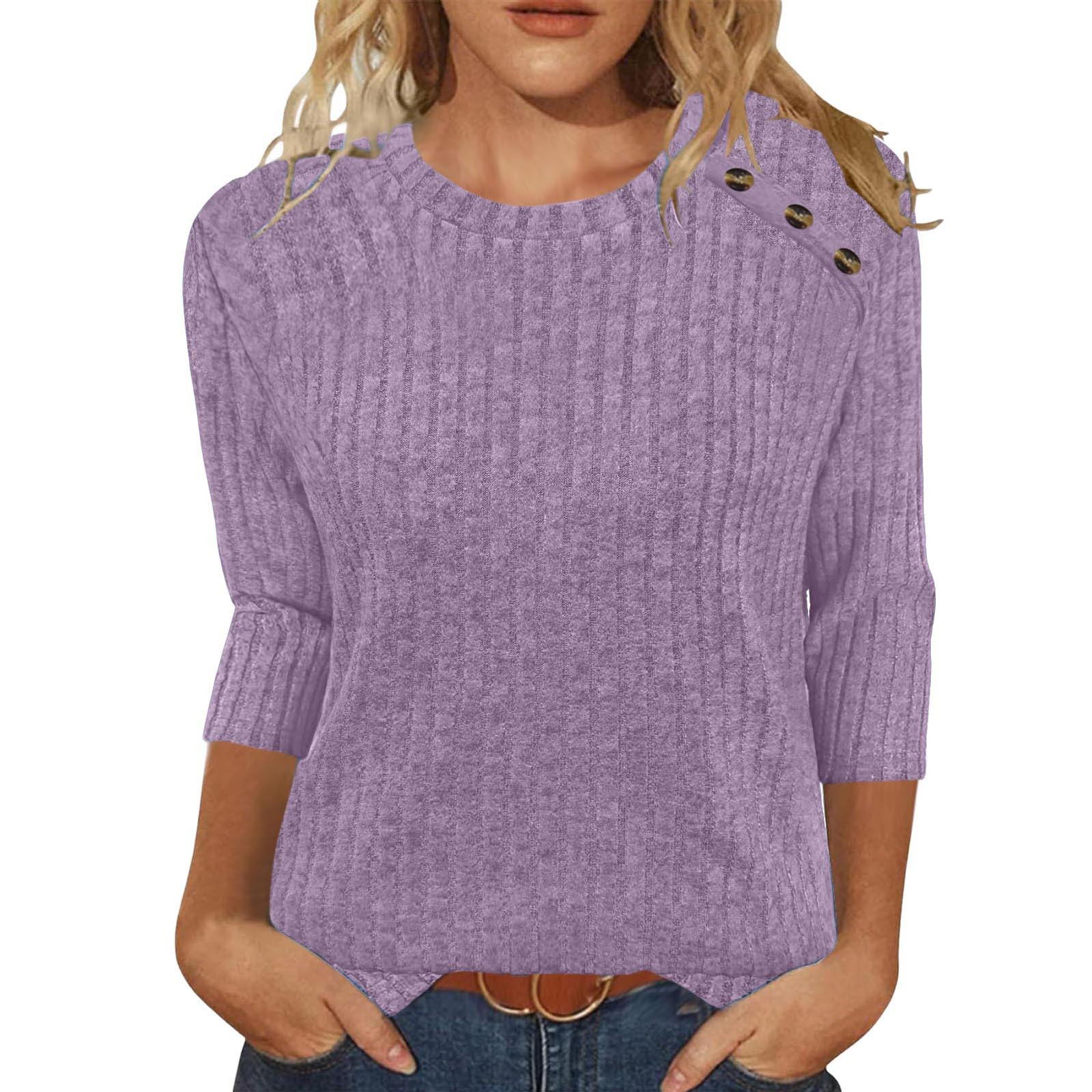 Pincandy Womens Sweaters Fall Fashion 3/4 Length Sleeve Tops Crew Neck Button Shirts Casual Pullover Cute Winter Clothes
