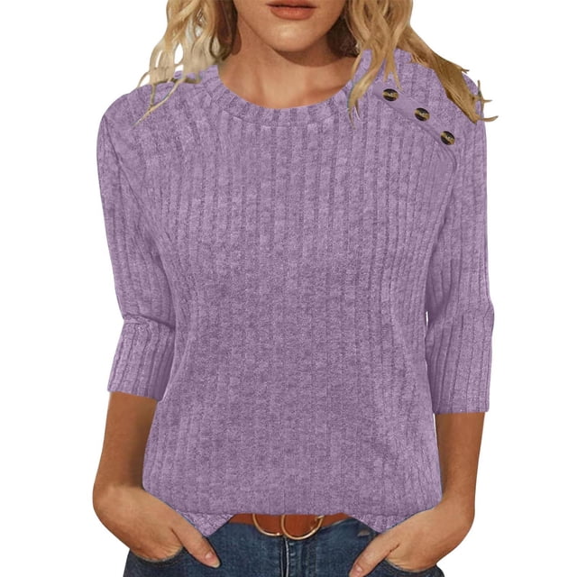 Pincandy Womens Sweaters Fall Fashion 3/4 Length Sleeve Tops Crew Neck Button Shirts Casual Pullover Cute Winter Clothes