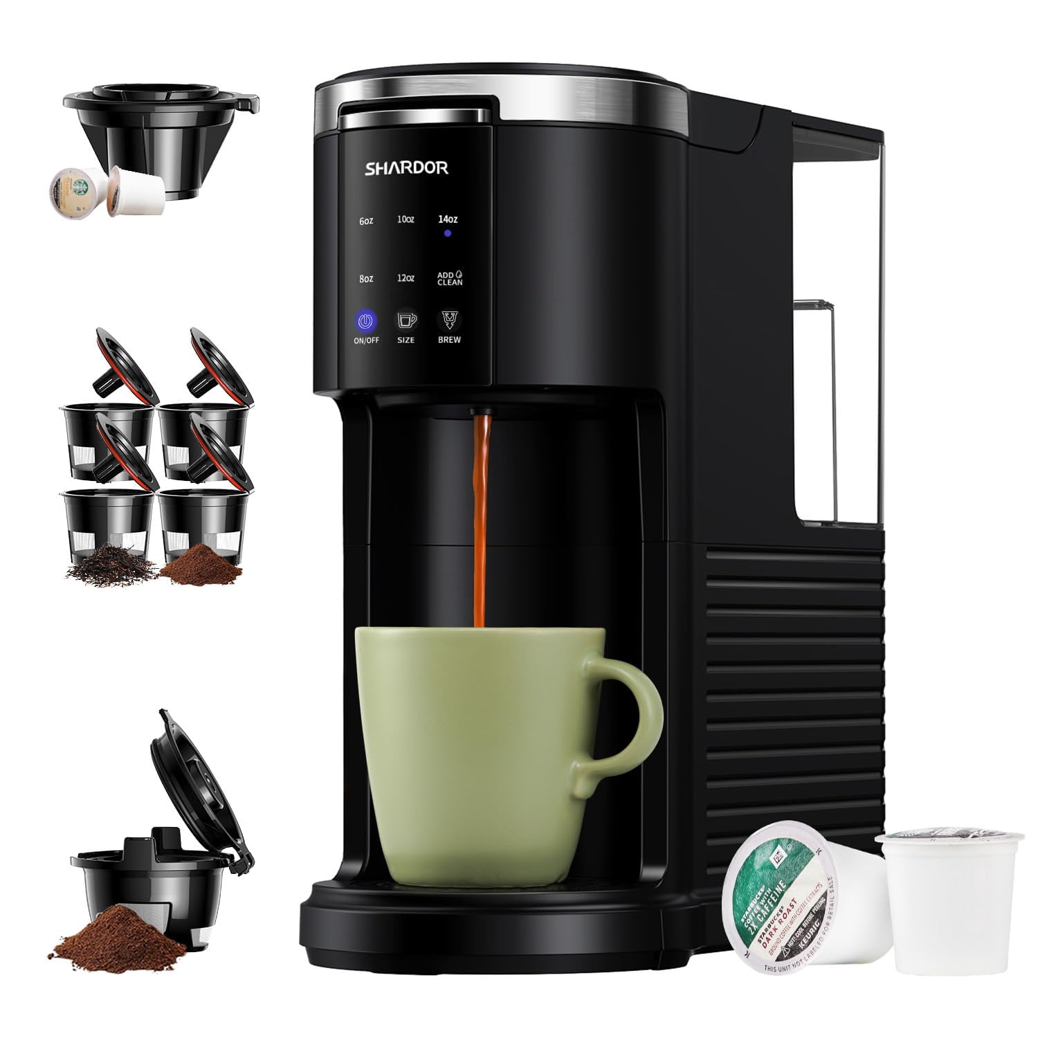 SHARDOR 3 in 1 Coffee Maker, K Cup Coffee Maker Compatible with Ground Coffee & Teas, Single Serve Coffee Machine, 6&ndash;14oz Brew Sizes, 40oz Deta