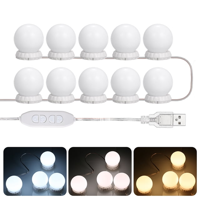 Zootealy Kit de Lumières Miroir à DEL pour Coiffeuse avec 10 Ampoules G45 Blanches Connectées par un Câble USB, Conçu pour l'Éclairage de Coiffeuse de Salle de Bain. les Ampoules Sont Disposées en Guirlande avec une Luminosité Réglable et Trois modes d'Éclairage : Blanc, Chaud et Lumière Naturelle. Comprend un Interrupteur de Commande pour la Gradation et la Sélection du mode. Convient aux tables de Maquillage et de Toilette.