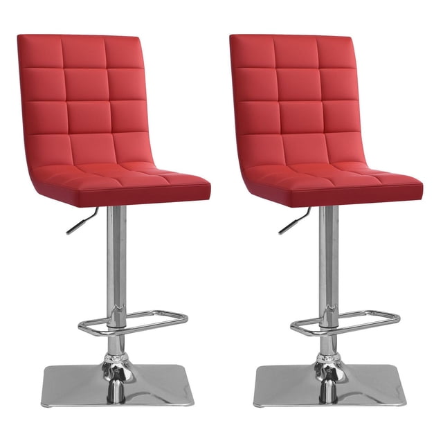 CorLiving Xavier set of 2 square tufted upholstered adjustable height indoor barstools in red with soft PU upholstery, chrome bases, footrests, 360-degree swivel, and gas lift height adjustment, ideal for kitchen islands or bar areas and suitable for casual dining seating.