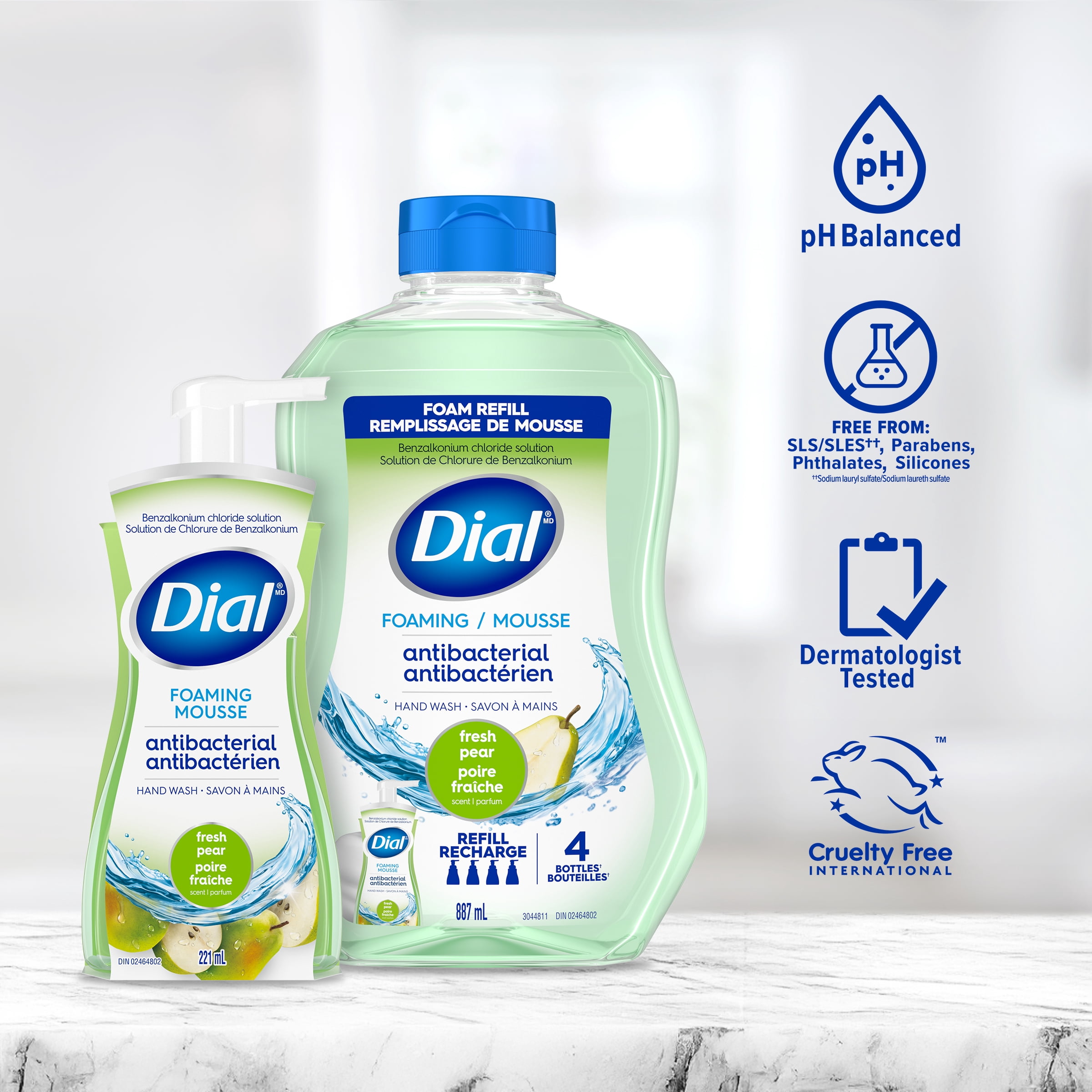 Dial Antibacterial Foaming Hand Wash, Fresh Pear Scent, 221ml, Dermatologist Tested, pH Balanced, Free from Silicones, Parabens, Phthalates, SLES/SLS