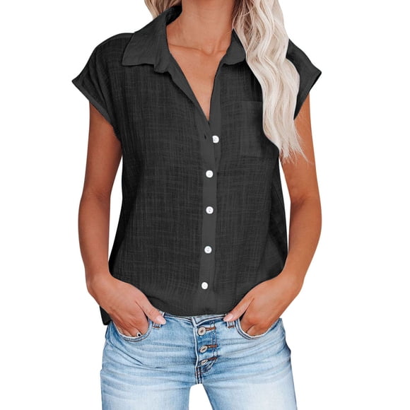 yoeyez Womens Linen Shirts Short Sleeves Fashion Solid T-Shirt Buttons Laple Neck Shirts for Women Business Casual Women's Summer Tops And Blouses Deals of Today Prime Black S