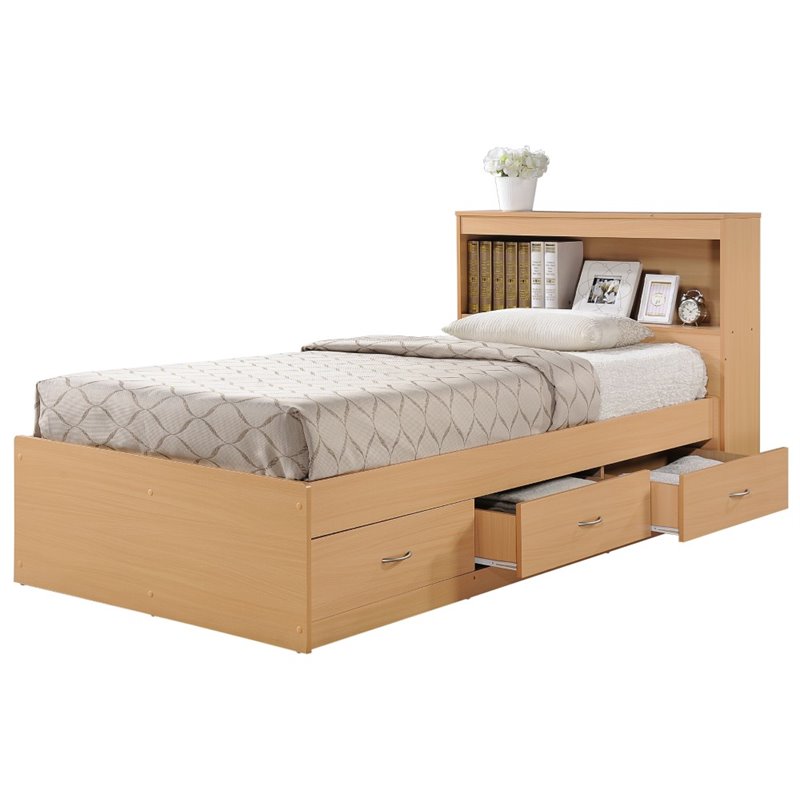 Hodedah Lit Capitaine Format Simple avec 3 Tiroirs et Tête de Lit en Bois Beige