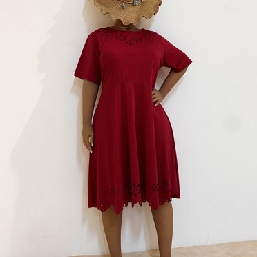 LOVZFMLL Mode Robe Maxi d'Été Ample pour Femme, Unie, Fleur Brûlée, Ajourée, Manches Courtes, Col Rond, Rouge, 3TG